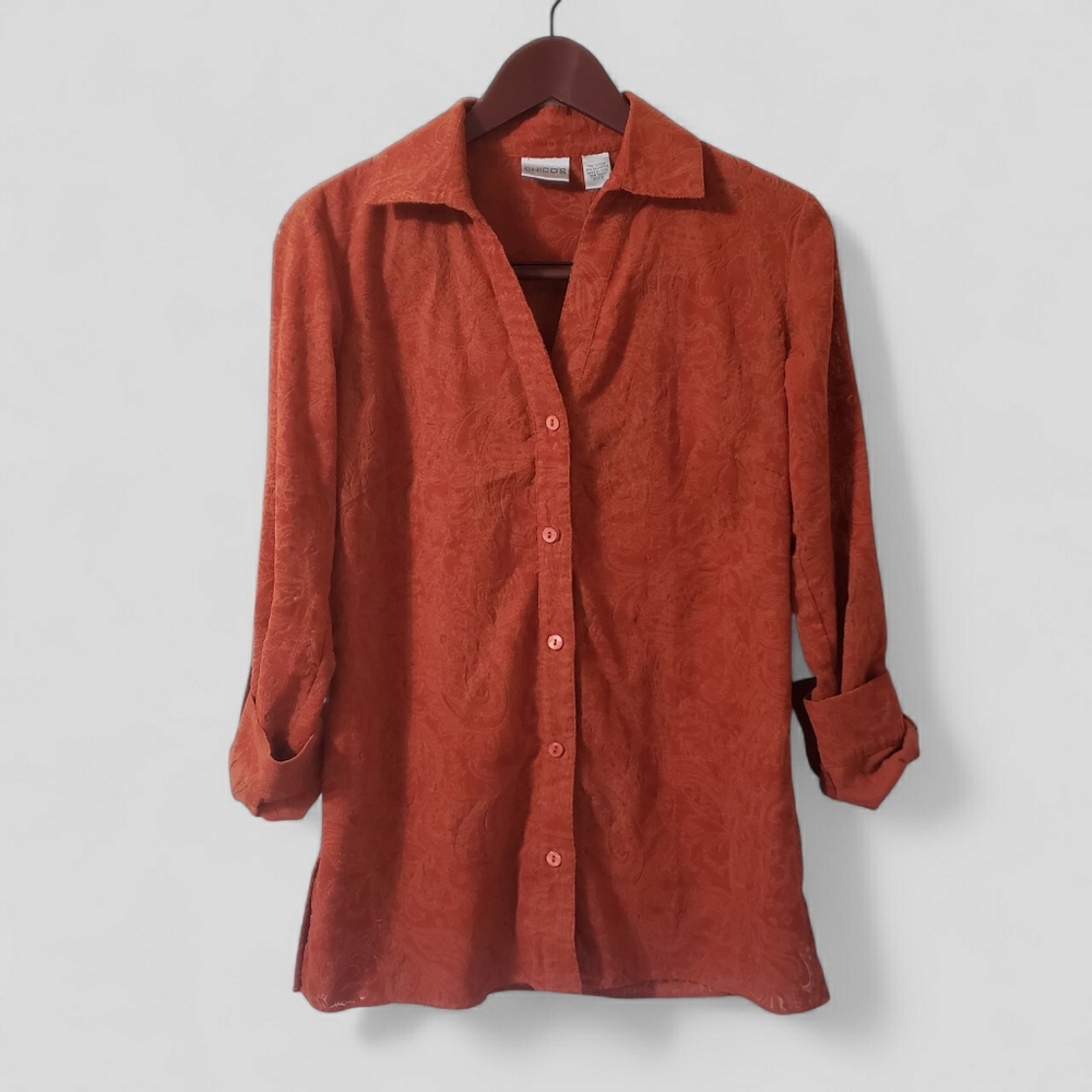 Chico's Velvet Burnout Floral Button Down Shirt Small Orange Roll Tab Whimsigoth